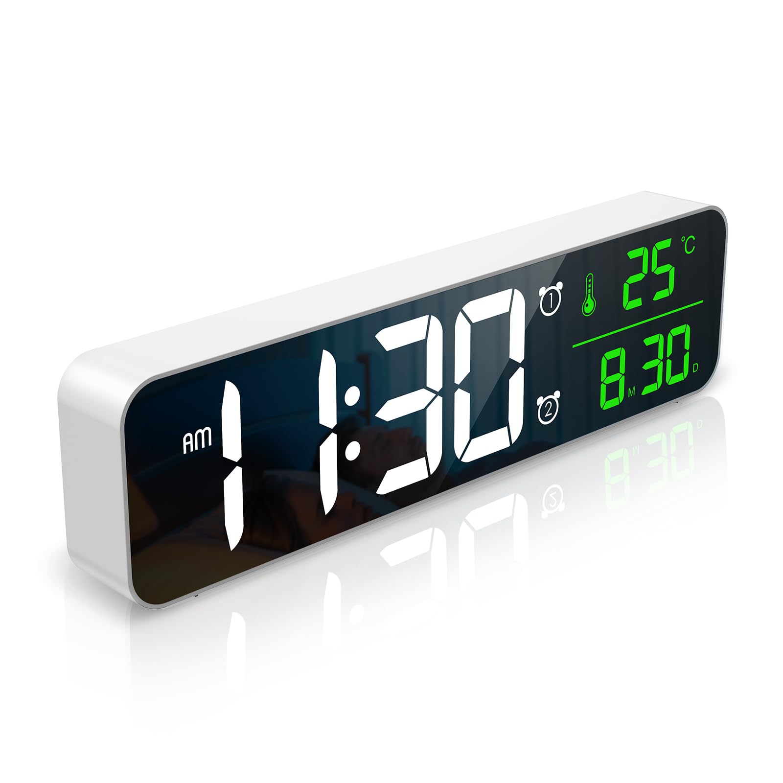 ORIA Digital Alarm Clock Mains Powered, Wall Clock LED Bedside [10" Large Display], Mirror Electric Desk Clocks with Date/Time/Temp Display, 40 Music, 6 Brightness, 4 Volumes, 2 Alarms (White)