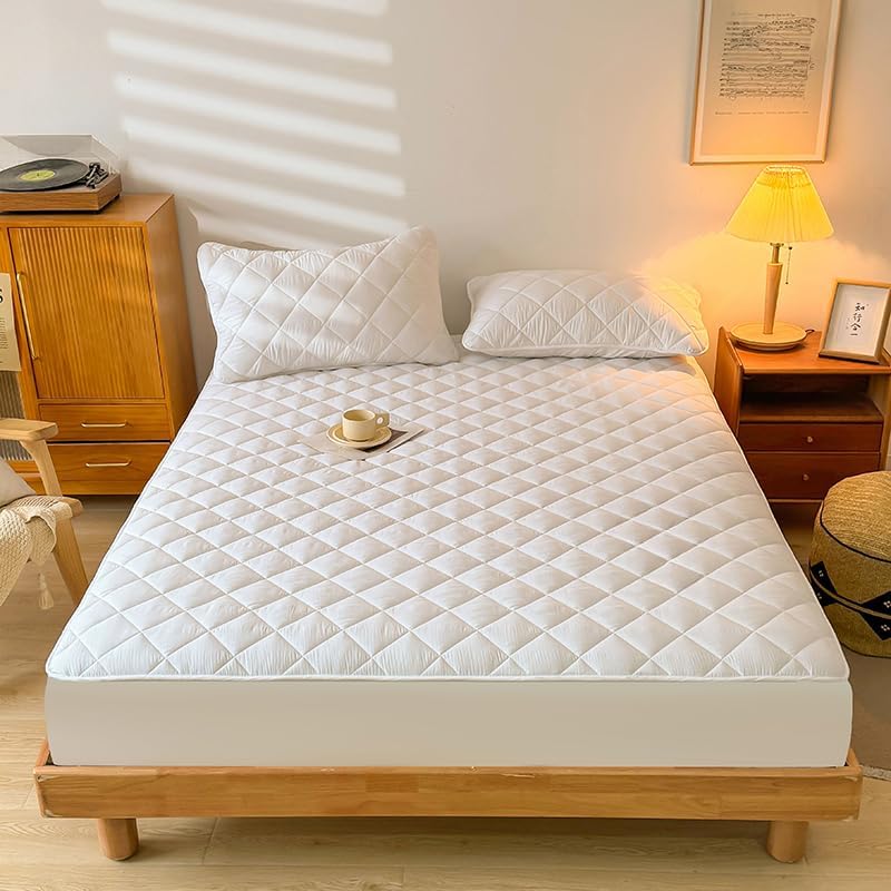 Fitted Sheet and Pillowcase,100% Brushed Microfiber Quality Fitted Sheet, Mattress Protector Waterproof Breathable Comfortable, for Kids Teenager Bedroom (White,Queen)