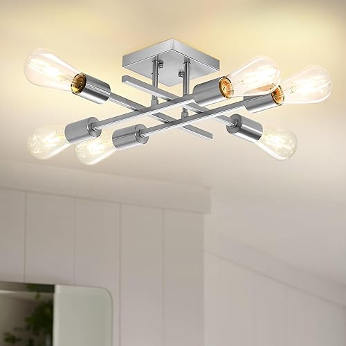 Lámpara de techo semiempotrada de 6 luces, níquel cepillado industrial cerca del techo, moderna base E26 Sputnik lámpara de techo para cocina,