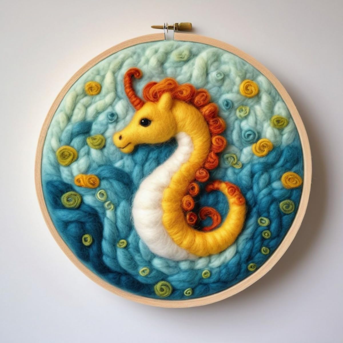 AMBATTERY Needle Felting Kits Cartoon Seahorse Animal DIY Wool Felting Painting with Embroidery Frame Needle Wools Paintings Handmade for Home Wall Decor 20x20cm