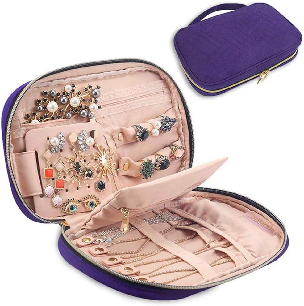 GANAMODA Jewelry Travel Organizer Bag, Portable Traveling Jewelry Case for Earrings, Necklace, Rings, Watch, Bracelets, Soft Padded for Protection, Purple
