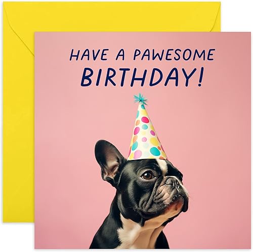 Old English Co. - Divertida tarjeta de cumpleaños de bulldog francés para ella, tarjeta humorística de "Pawesome Birthday" para hombres y mujeres,