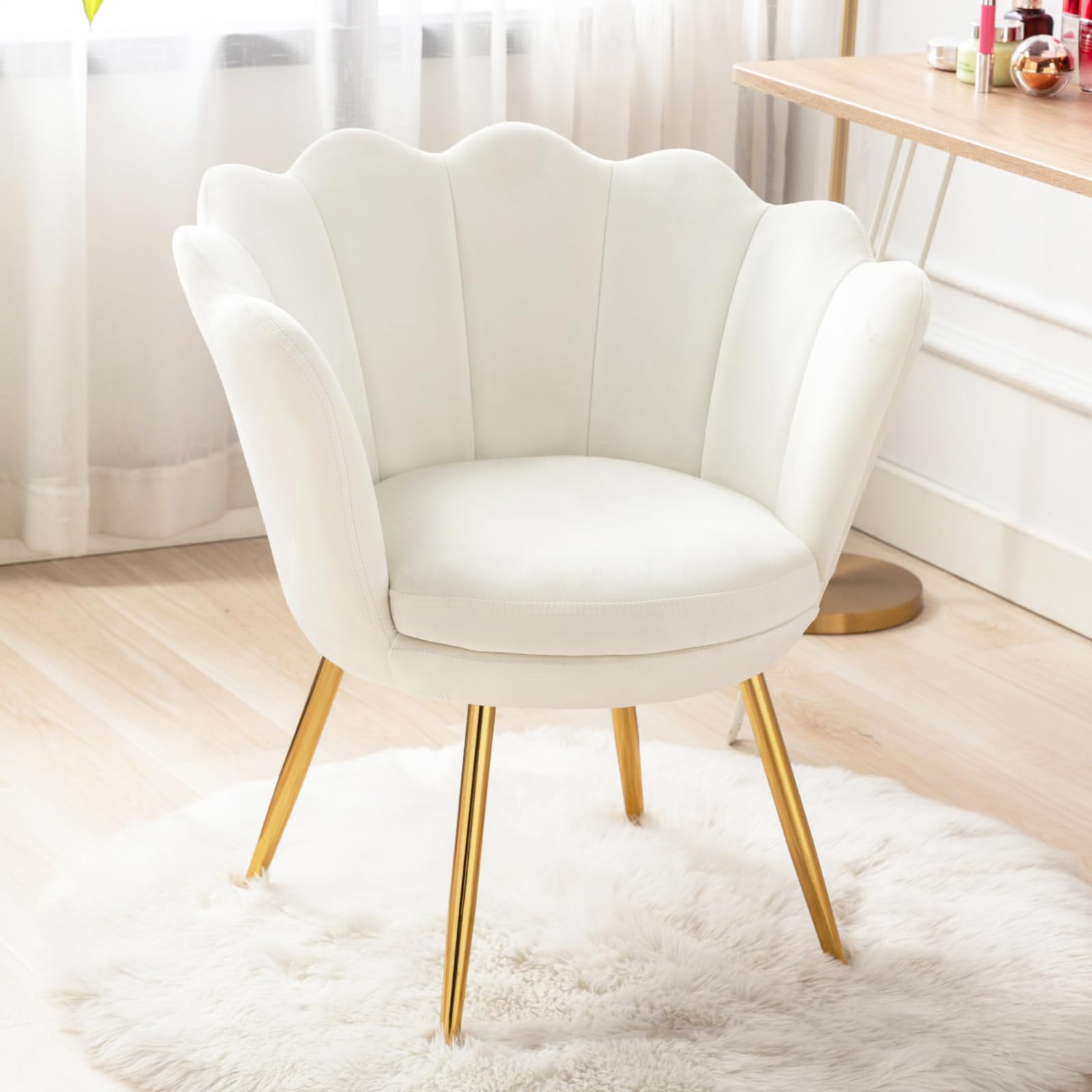 chairus Small Accent Chair for Living Room, Velvet Gold Cute Vanity Chair with Back for Makeup Room, Upholstered Shell Shaped Office Guest Modern Chair Arm Chair, Cream White