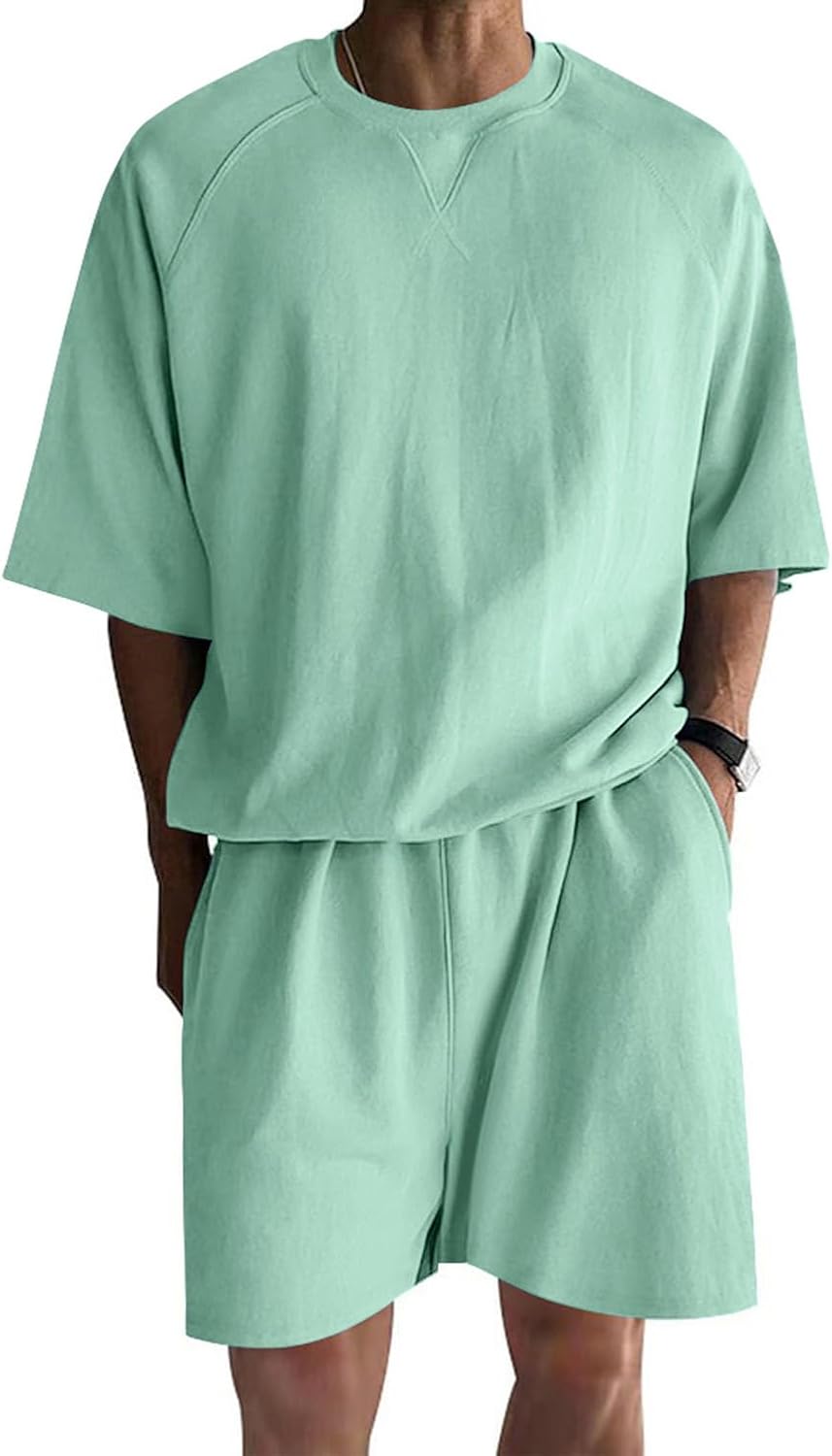 Ryehack Men's Two Piece Outfits Sets Crew Neck Summer T Shirt and Shorts Set Oversized Sweatsuits Sports Sets with Pockets