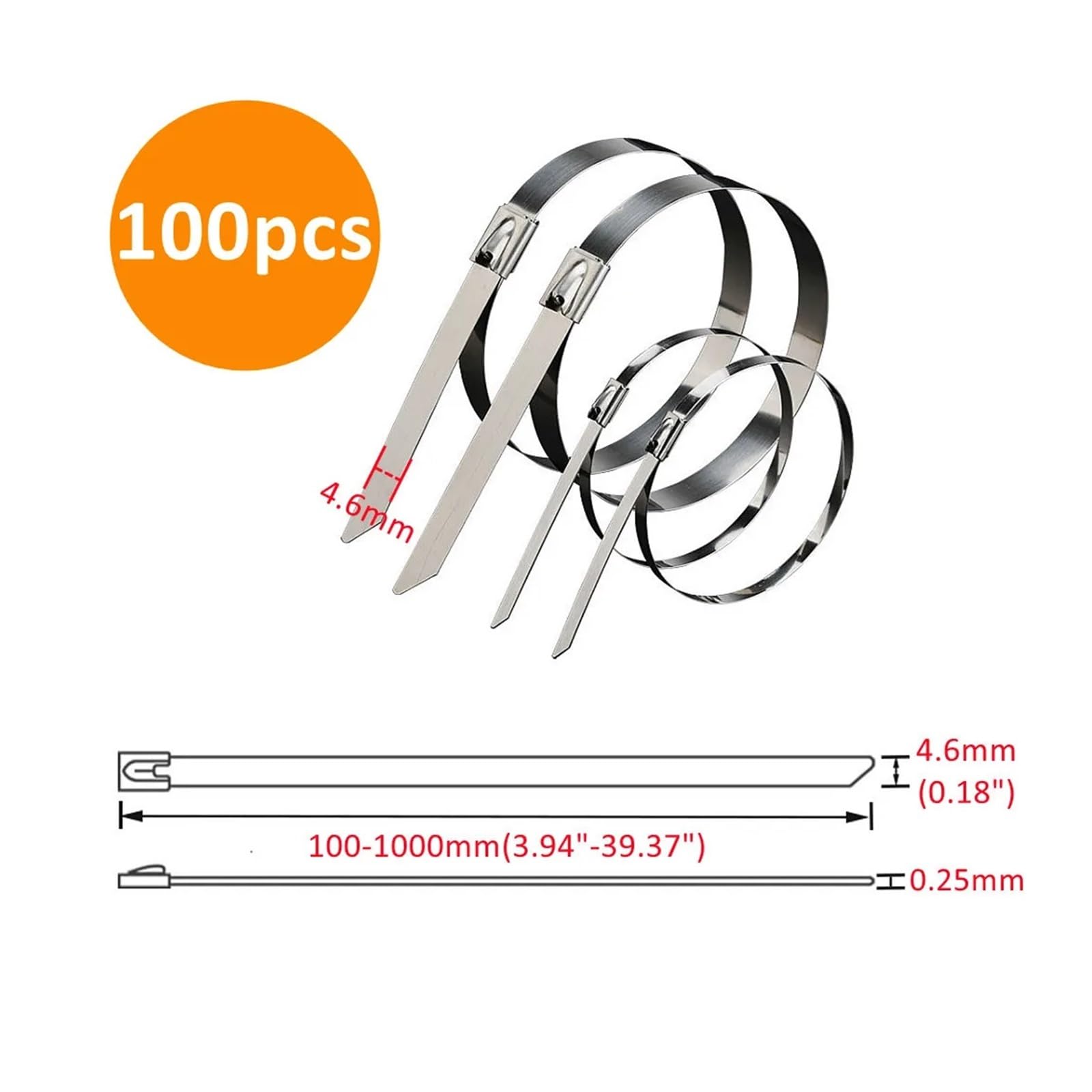 10 20 50 100 Stück 4,6 mm 0,18 Zoll Kugel Selbstsichernde Kabelbinder aus Edelstahl 304 Auspuffumwicklung Beschichtetes Verriegelungsmetall Reißverschluss-Auspuff(100PCS,4.6x200mm)
