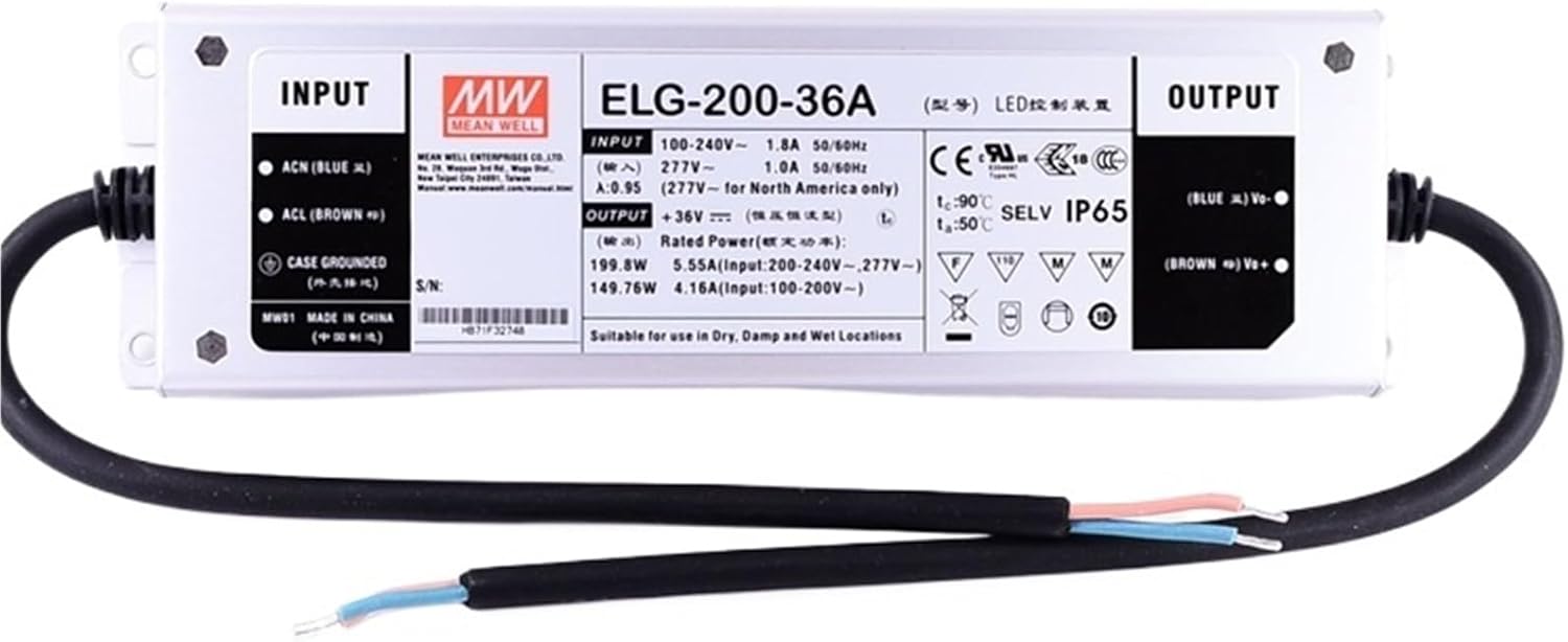 1PCS ELG-200 Series DC12V 24V 36V 42V 48V 200W IP67 Waterproof Single Output Adjustable LED Lighting Switching Power Supply(ELG-200-36A)