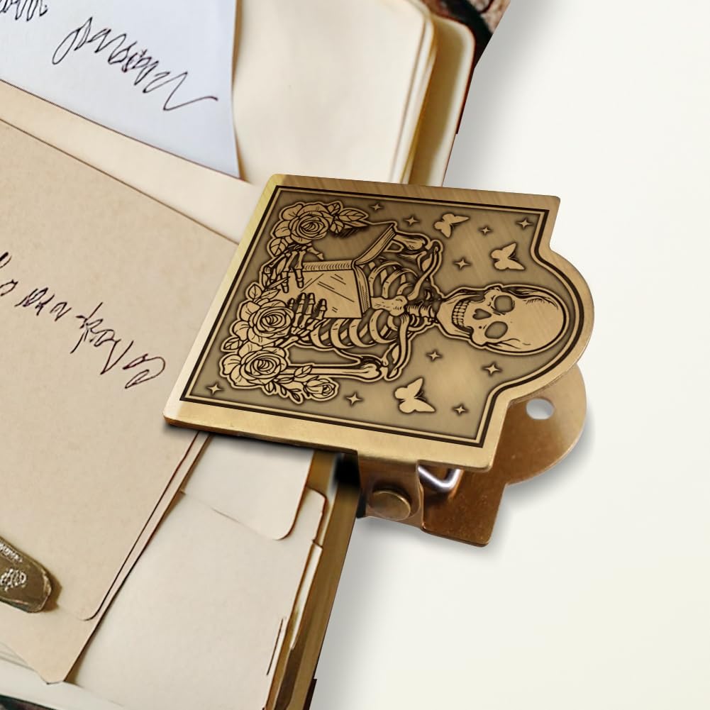 ANATTASOUL Brass Travel Notebook Journal Clip Skeleton and Book Book Binder Clips Metal Vintage, 1.8"x1.6" Decorative Heavy Duty Gold Page Holder Clamps for Book, Paper, Bookmark, Accessories, Gifts