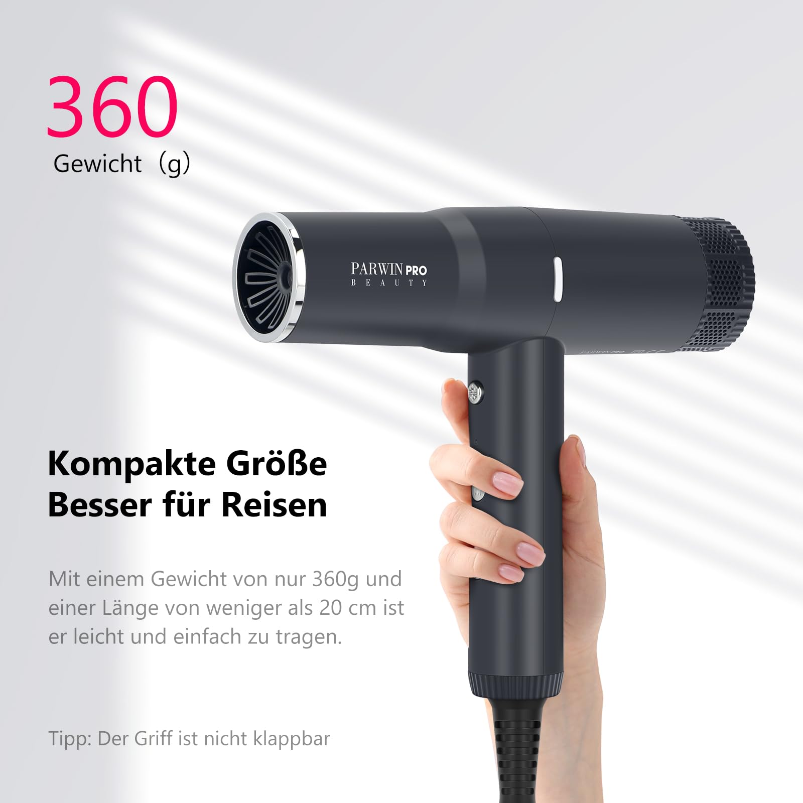 Professionell 100 Million Negativ Ionen Haartrockner, PARWIN PRO BEAUTY Föhn Fön mit 110,000RPM Bürstenlosem Geräuscharm Motor, 30M/S Luftstrom für Schnelle Trocknung, Graphitschwarz
