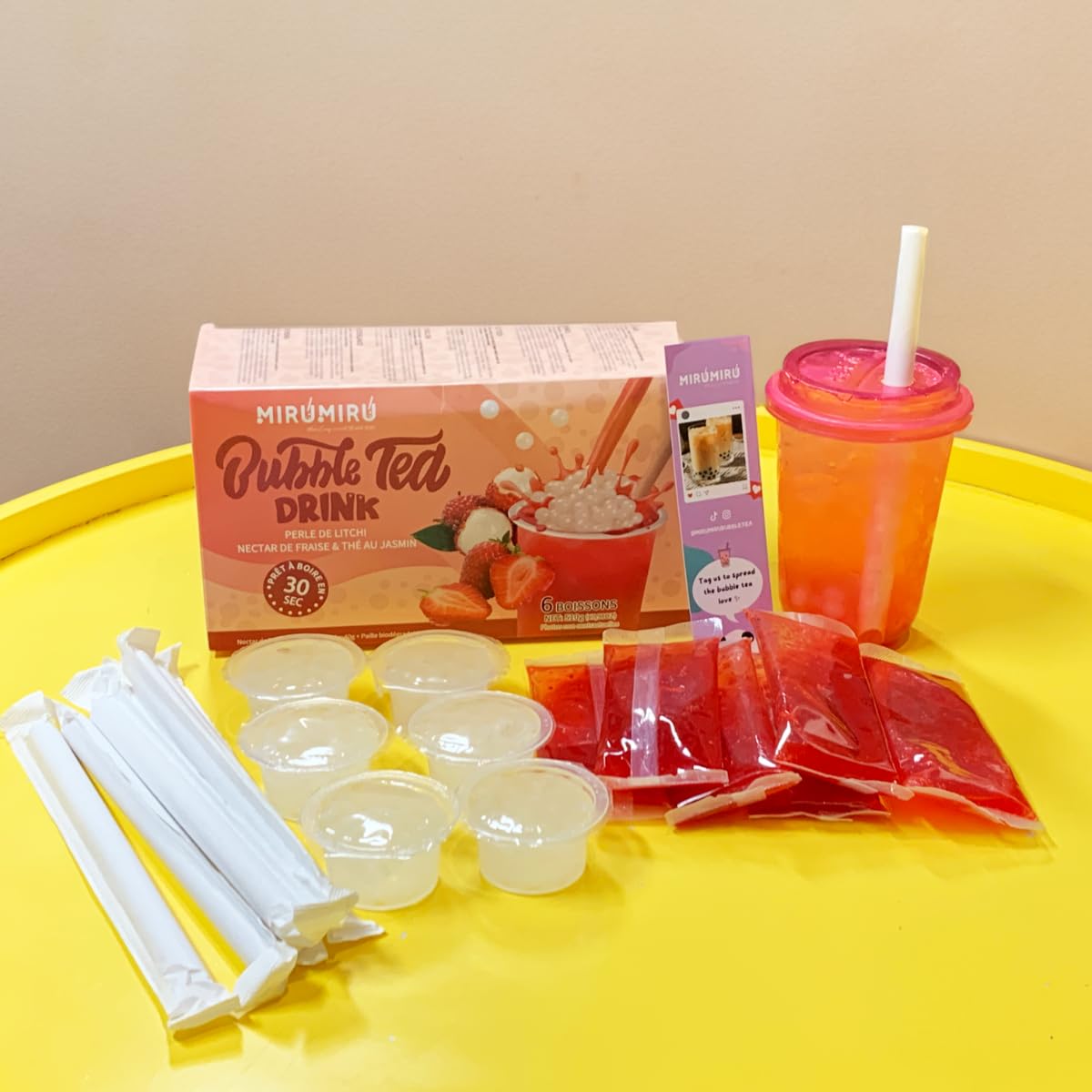 MiruMiru - Bubble Tea Kits - Perle de Litchi & Nectar de Fraise & thé au jasmin (6 boissons, pailles incluses)