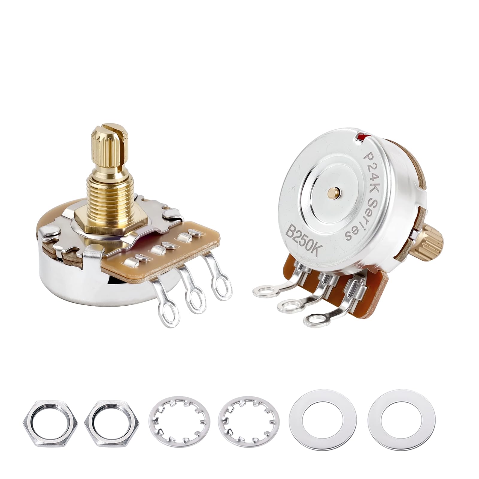 Banworks Brass B250K M8 Thread Full Sized Guitar Pots Metric 18-Spline Pots | 15mm Length Split Shaft Linear Taper Potentiometers for Epiphone Les Paul/SG Squier Strat/Tele Electric Guitar 2Pcs JT/XNQ-15