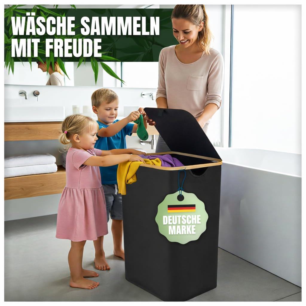 Wäschekorb mit Deckel 100l, Wäschesammler, Wäschebox, Wäschetonne, hoher Wäschekorb mit Bambusrahmen, Aufbewahrungsbox für Spielzeug, Handtücher, Geschenkpapier, laundry box, Pfandflaschensammler