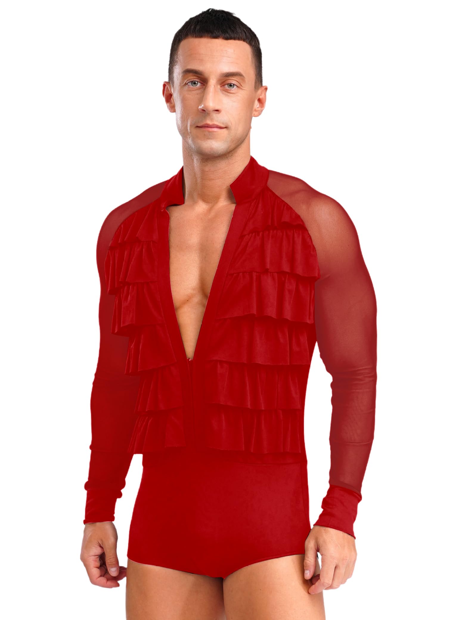 Camisa de baile latino de manga larga con volantes de malla, body de una pieza, jazz, salón de baile, disfraz de leotardo