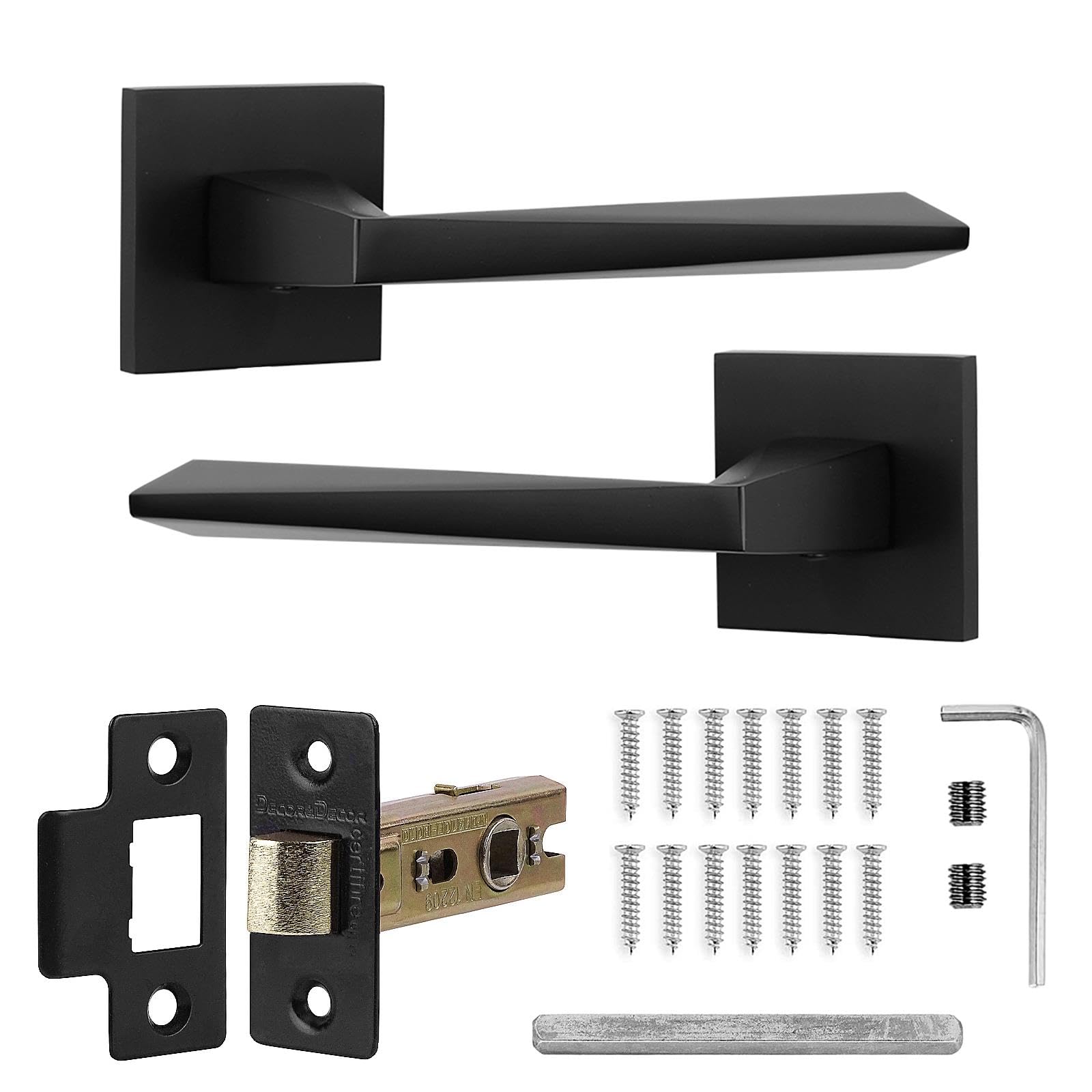 Decoranddecor Black Door Handles Internal – Aluminium Matt Black Door Handle Sets for Wooden Interior Doors | Internal Door Handles with Fire Rated Tubular Mortice Latch | Leda Range