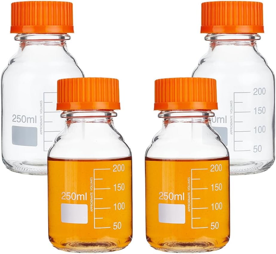 OLYCRAFT 4Pcs 250Ml Round Media Storage Bottles with GL45 Screw Cap Borosilicate Storage Glass Bottles Glass Scientific Round Graduated Media Bottle for Lab Water Reagent Liquids 121°C/249.8°F