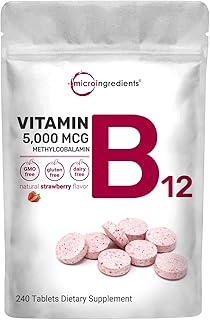 Micro Ingredients Vitamin B12 5000mcg | Methyl B12 Active Form – 240 Chewable Tablets | Fast Dissolve, Natural Strawberry ...