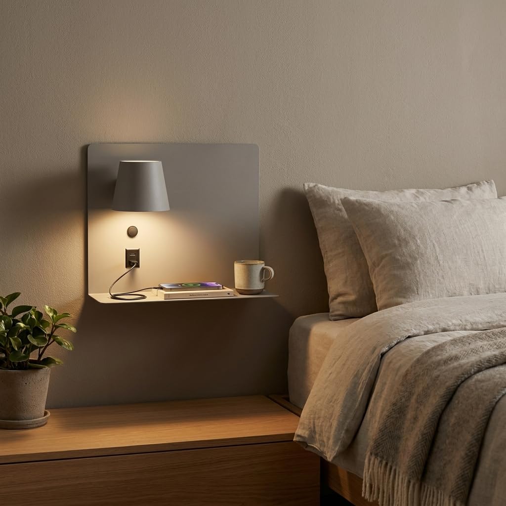BARCELONA LED Wandleuchte BASKOP 6W Grau Links | Leselicht auf der linken Seite | USB + USB-C | Bettkopfteil Lampe mit Ablage | LED 2700K Warmweiß | 350° Drehbarer Spot für Schlafzimmer Modern