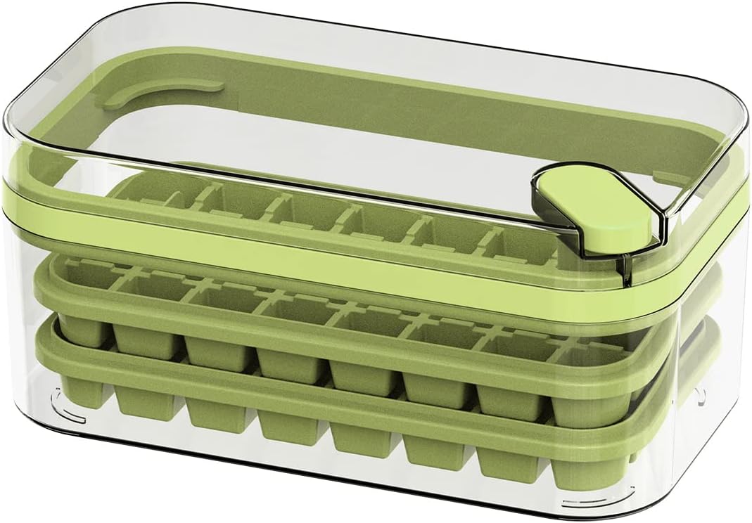 Ice Cube Tray with Lid & Bin, Upgraded One Button Release Ice Cube Trays, Ice Maker Mold for Freezer with Container, 32x2 PCS Tiny Ice Cube Tray Crushed Ice Tray for Chilling Drinks Coffee Juice