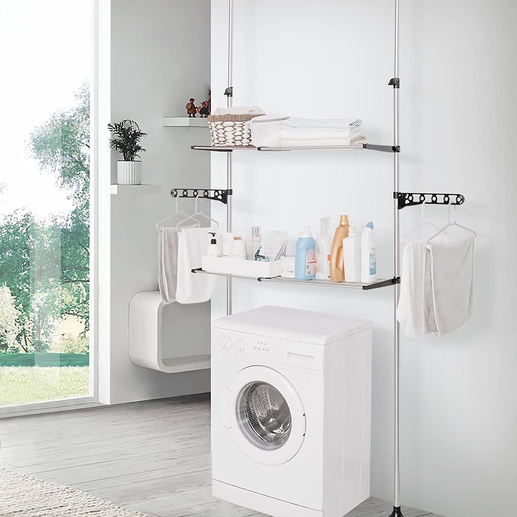 BAOYOUNI Étagère De Machine à Laver Réglable 3 Niveaux En Métal - Support Rangement Salle De Bain Avec Barre Accroche, 61-97 Cm