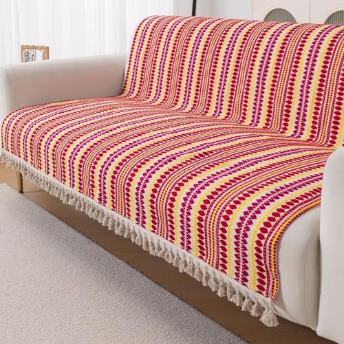 Image of HOKIPO 'Artisan Boho Series' Sofa Cover with Tassel | 450 GSM Cotton Acrylic Jacquard Sofa Cover for 3 Seater Sofa, Size 152x175 cm, Ruby Red (NEW-IN-909-A6)
