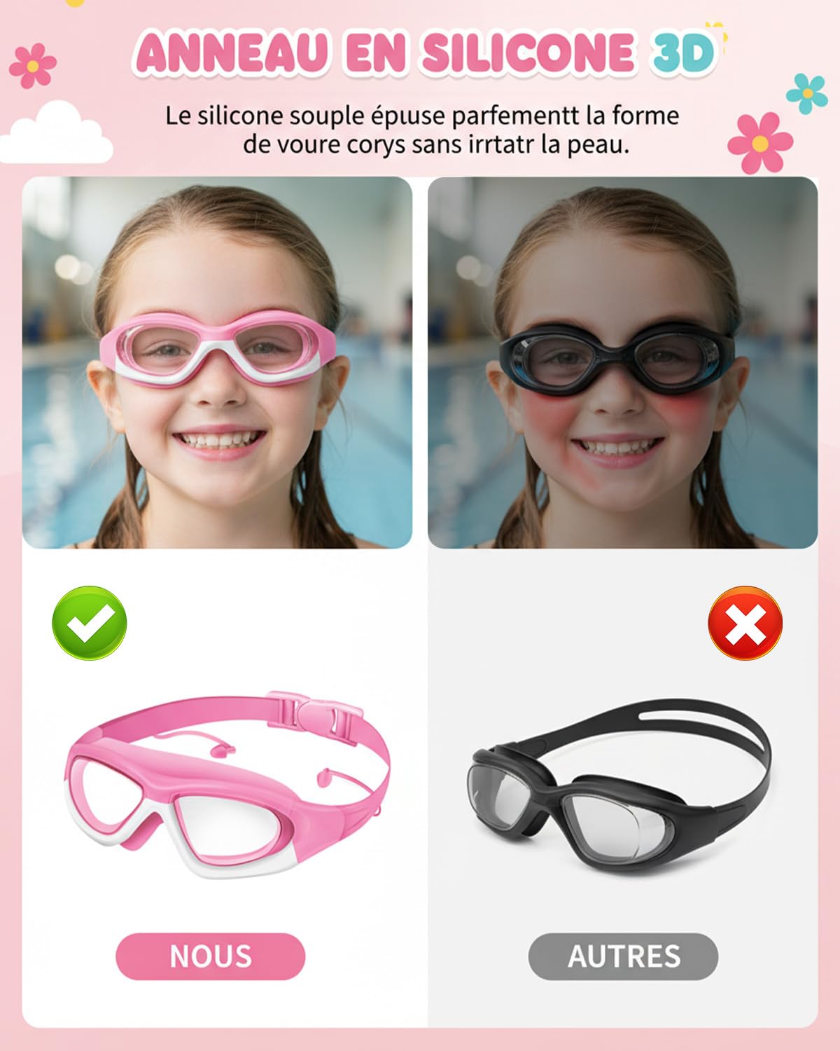 Lunettes de Natation pour Enfants avec Protections Nez et Oreilles, Verres Larges Anti-Buée et UV, Ajustement Confortable pour Filles et Garçons - 2