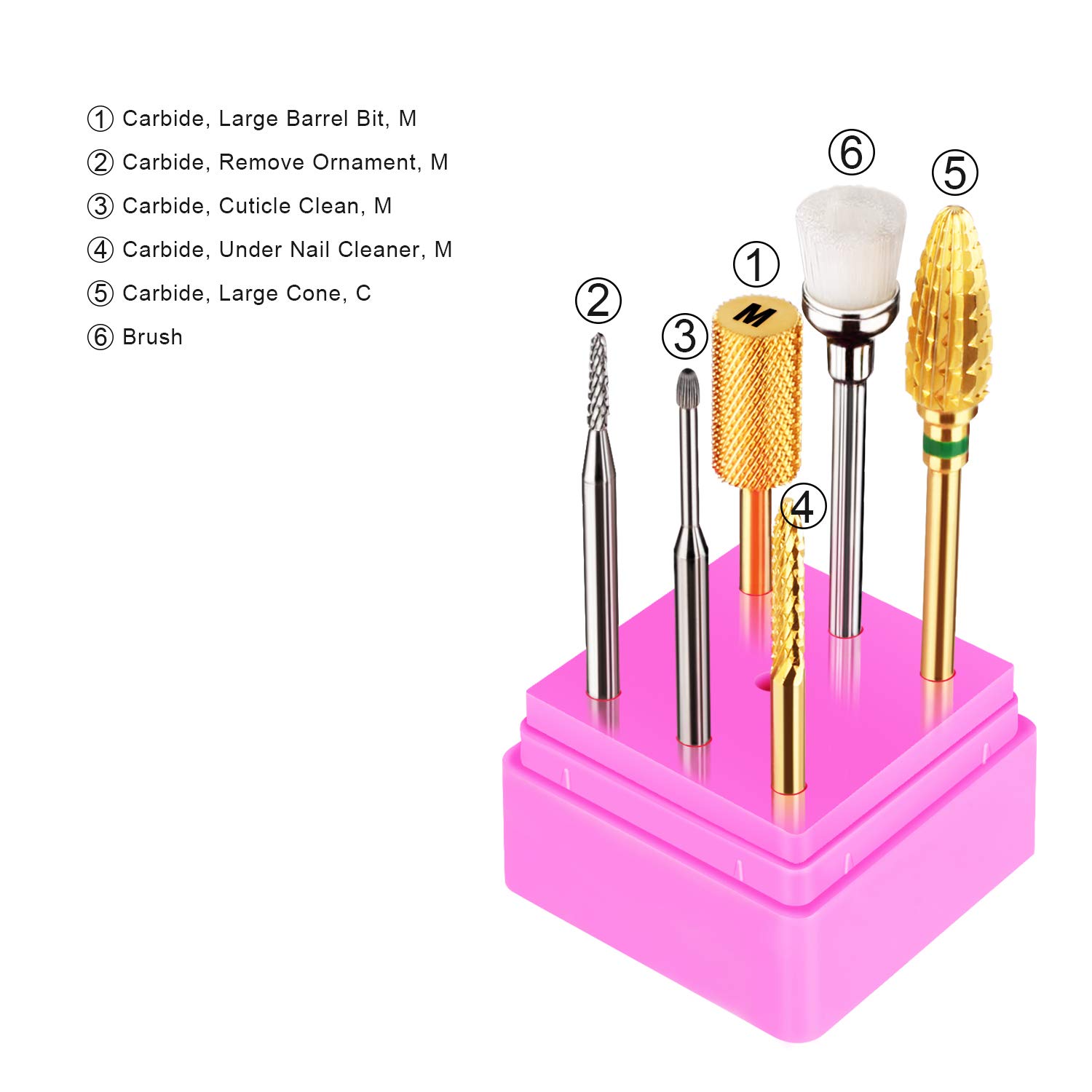 JCMASTER® 5 x frezarka do paznokci bity z twardego metalu 2,35 mm wraz z 1 x szczotką bit do manicure/pedicure, profesjonalny zestaw do szlifowania paznokci z uchwytem