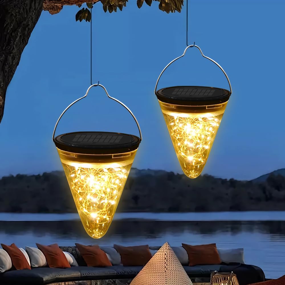 Solar Lantern, Hanging Solar Lights Outdoor Waterproof with 3 Modes, Solar Hanging Lantern with 50 LED Lights, Outdoor Lanterns for Porch, Yard, Garden and Pathway Decor, 2 Pack Warm White