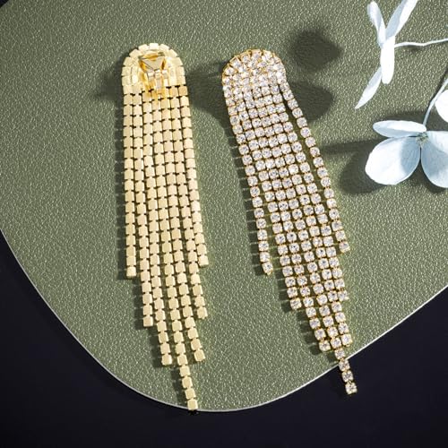 SELOVO Rhinestone Crystal Tassel Long Sparkle Dangle Earrings 2.8"/3.3" Wedding Party Dangling Earrings (3.3inch-Clip on-Gold Tone Clear)3