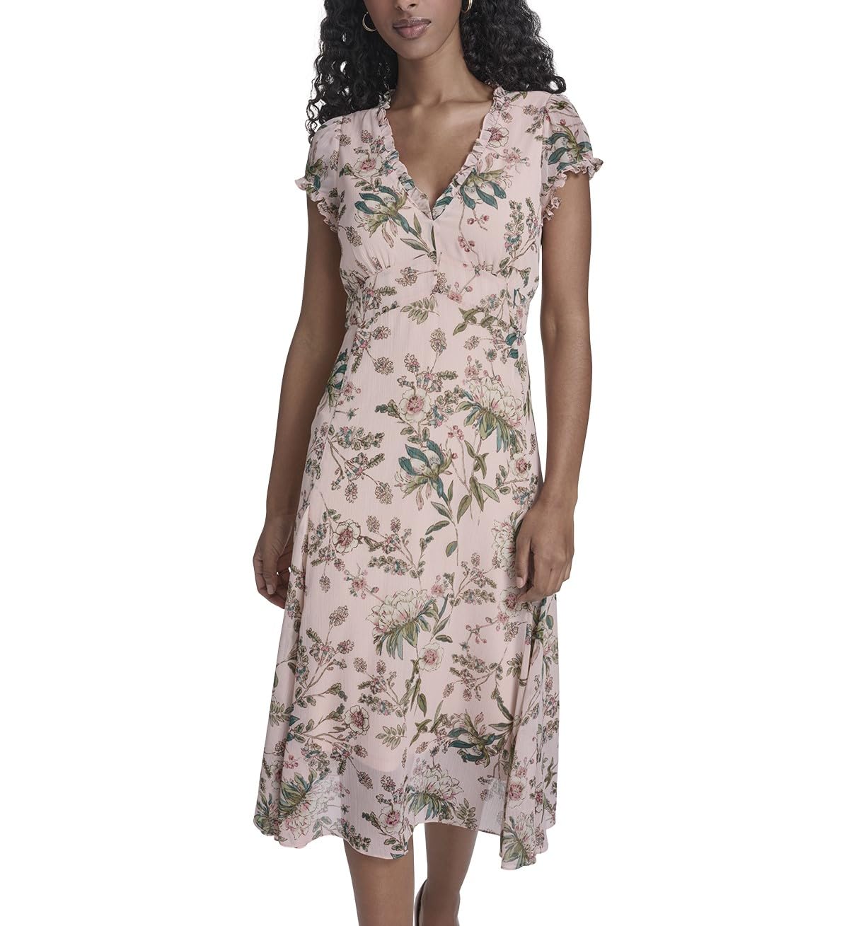 Tommy Hilfiger Women's Short Sleeve V-Neck Chiffon Empire Waist Midi Dress