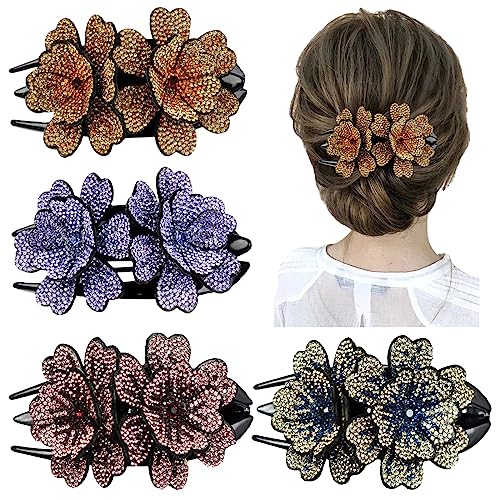 Pack de 4 Pinzas de Pelo Grandes con Doble Flor de Cristal Rhinestone, Clips de Pelo Decorativos para Mujeres para Cabello Grueso miniatura 1