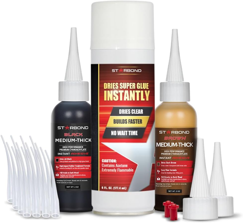 STARBOND Knot Filler System – 2 oz Black and 2 oz Brown Medium-Thick CA Glue with 6 oz Accelerator Spray – Instant Crack & Void Repair for Woodworking, Woodturning, Sandable Finish