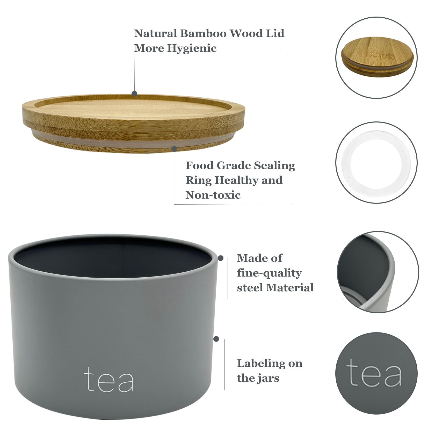 SAFRI 3 Pieces Jar with Wooden Lid Tea Coffee Sugar Canister Storage Container Bowl Pots Kitchen Storage Tins (Grey) - Image 2
