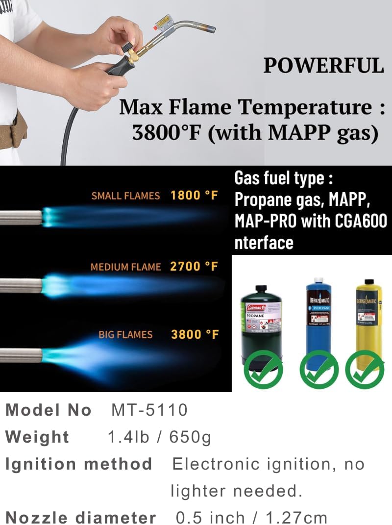 CAMPINGMOON MAPP Propane Torch Head CGA600 Interface MAP Gas Welding Torch Hose Flame Adajustable Self Ignition (4.6Ft Hose & Knob Propane MT-5110)