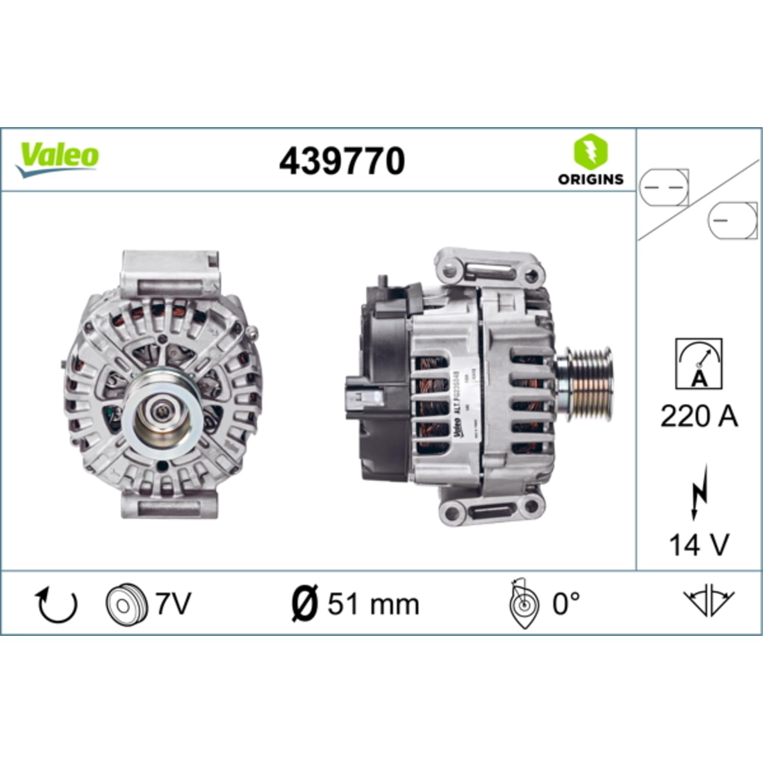 Valeo Alternator 439770-220 Amp - 7 Rowki - 14 V