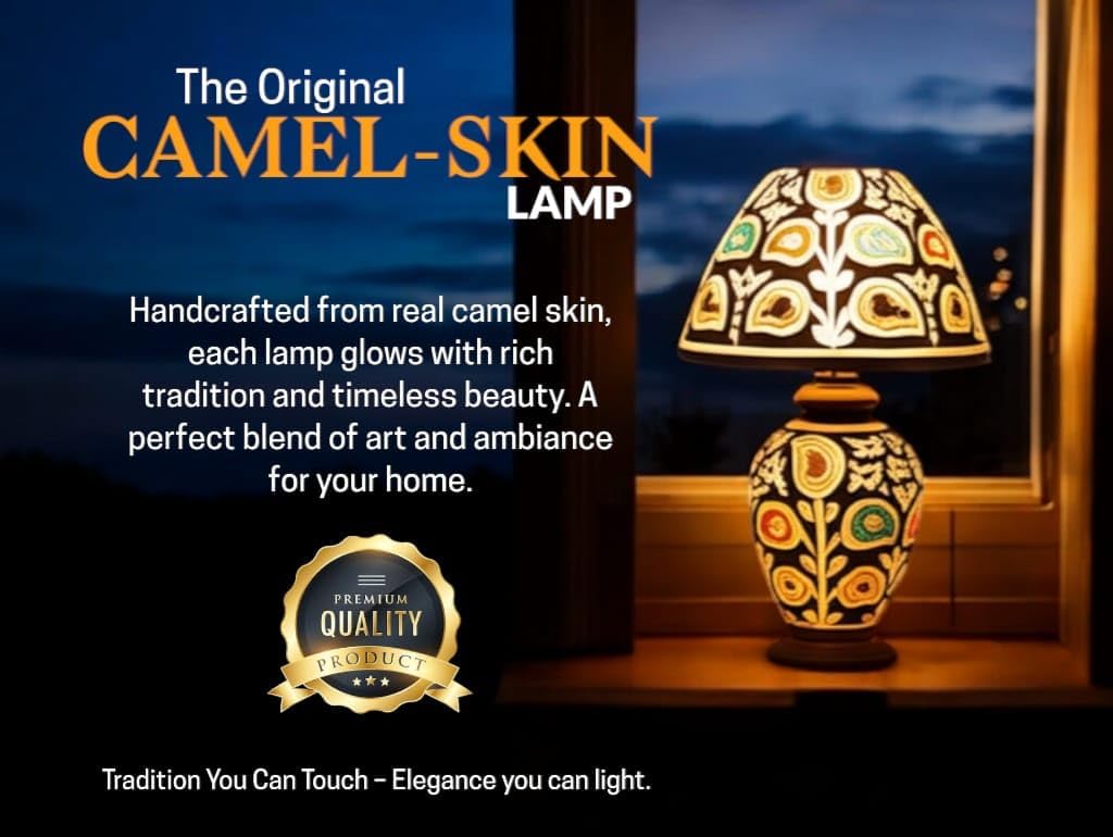 Handcrafted Camel Skin Lamp – Lightweight, Hand-Painted Decorative Lamp with Cable & Holder – Bulb Not Included, Mushroom Shaped 16 inch Height, Original Stuffed Leather with Wooden Base.