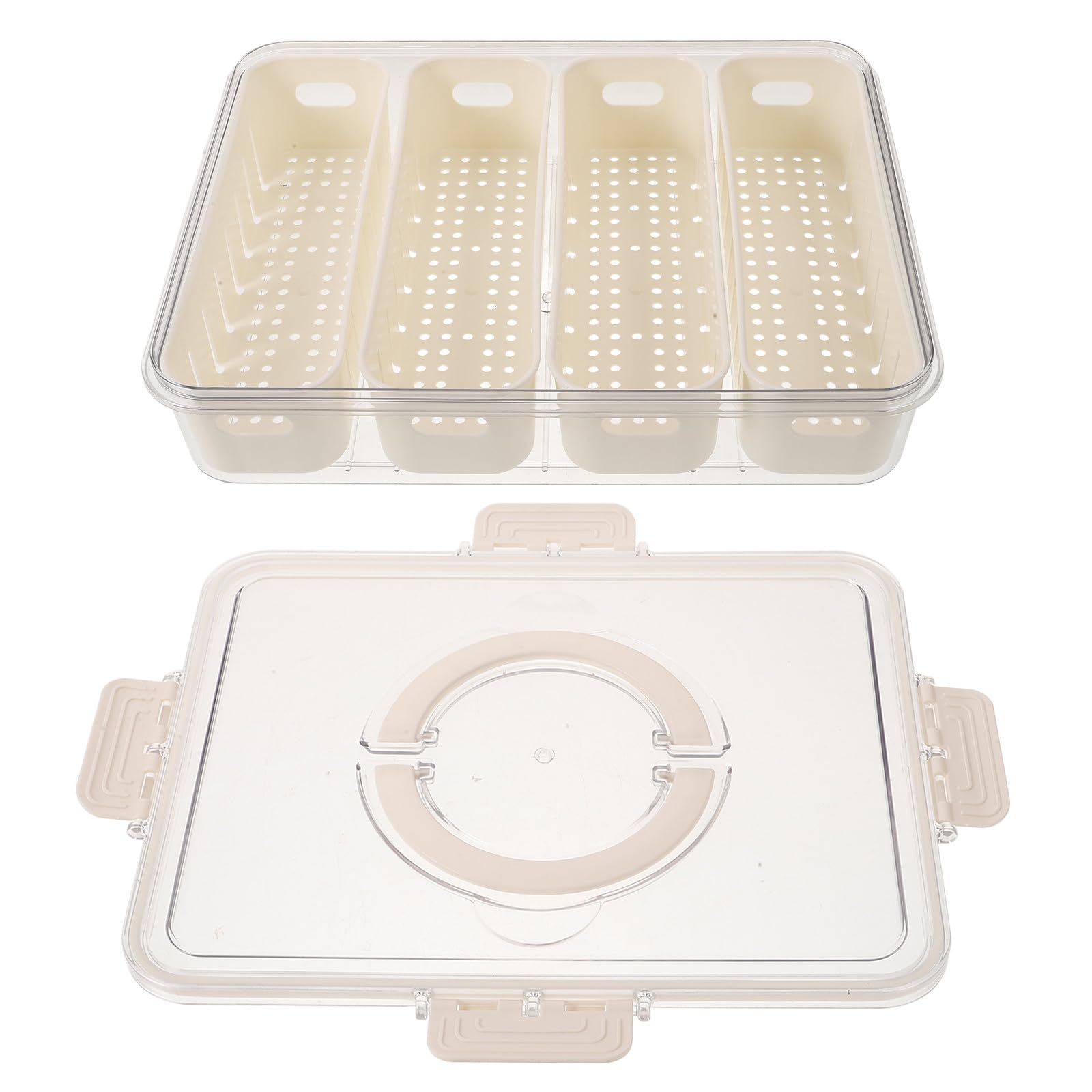 OSALADI Caja de Almacenamiento para Nevera Pet de Grado Alimenticio, Organizador de Congelador Transparente 4 Compartimentos, Diseño Drenaje y Asa Portátil para Conservar Alimentos
