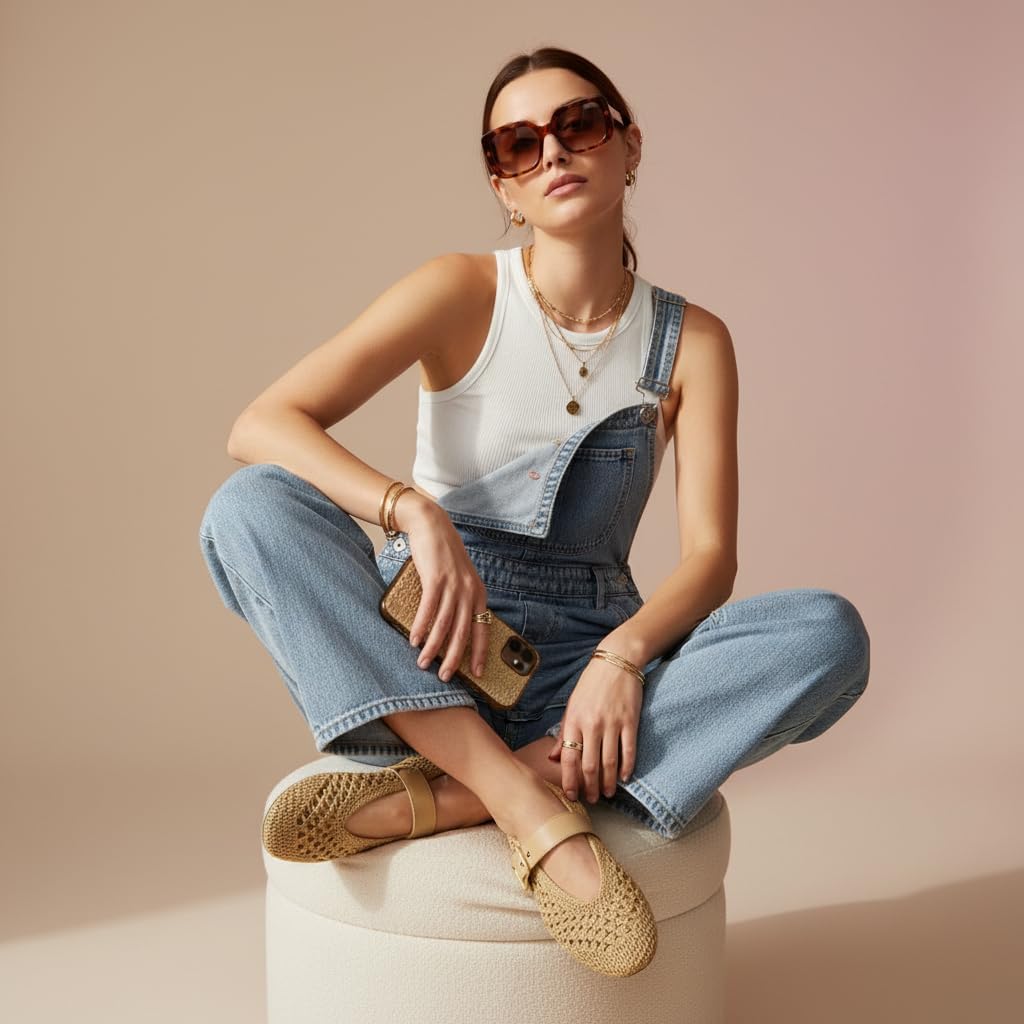 CUSHIONAIRE Gabby Woven Mary Jane Ballet Flats for Women, Comfortable Dressy Flat Shoes with Adjustable Gold-Tone Buckle and Memory Foam Cushioning