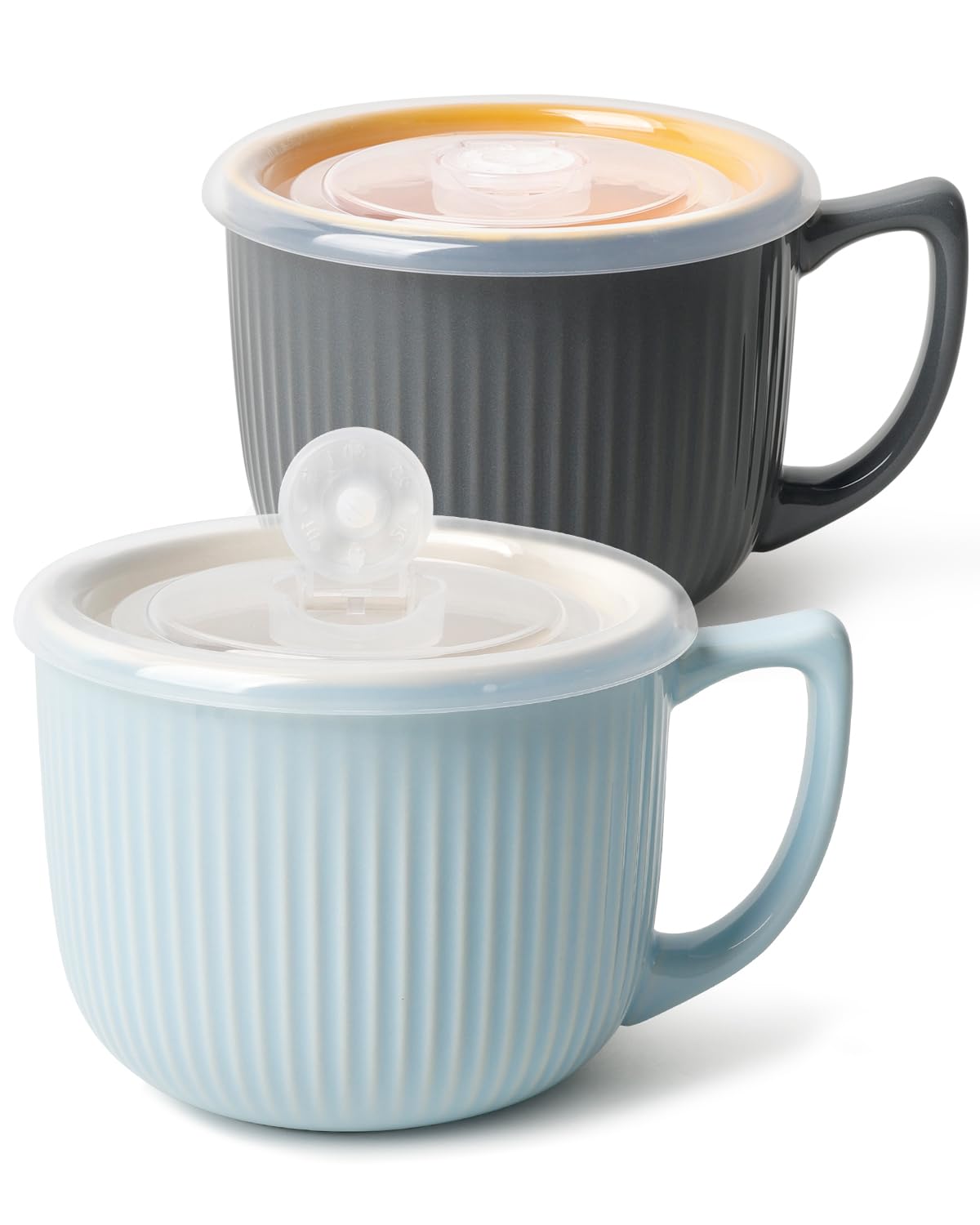 Ceramic Soup Bowls with Vented Lid, 32 Ounce Soup Mug with Handle, 2packs 5 inch Jumbo Soup Cups, Wide Large Cereal Bowl for Oatmeal, Gumbo Salad, Microwave Oven Safe (Gray &amp; Blue)