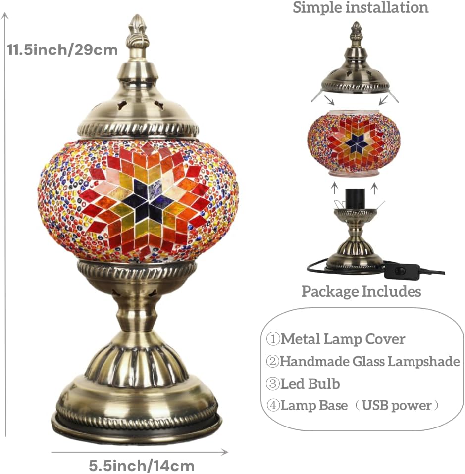 Turkish Moroccan Table Lamp Lantern with Handmade Mosaic Glass Lampshade Bohemian Stained Glass Decorative Desk Lamps Bedside Night Lights for Bedroom