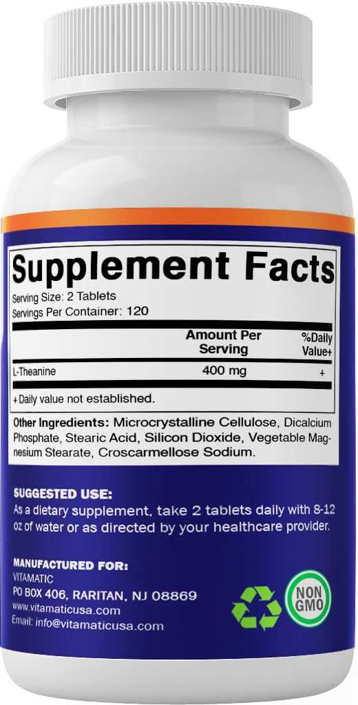 Vitamatic L-Theanine Supplement 400mg per Serving - 240 Tablets - Non-GMO, Gluten Free — Amazon image 8