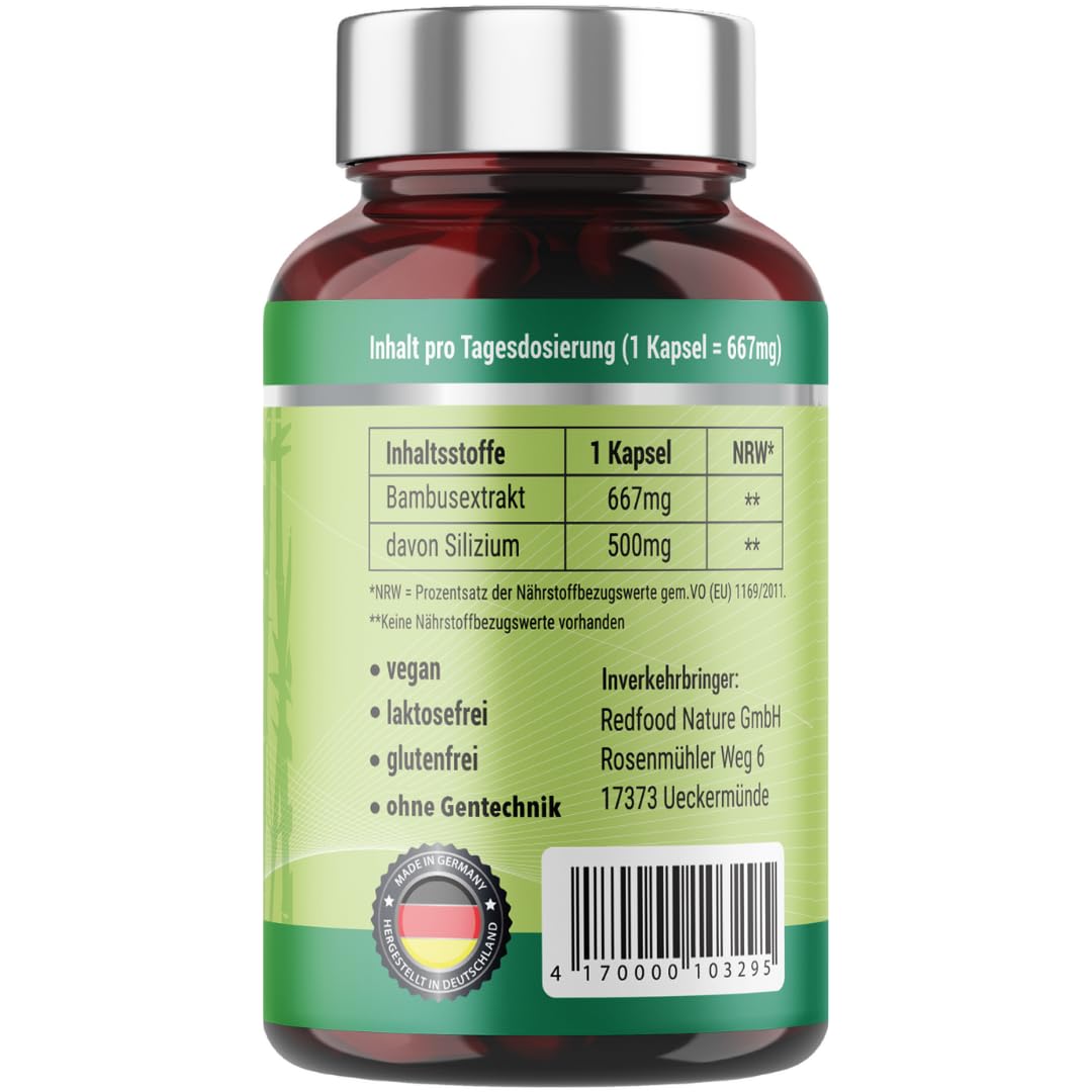 Redfood® Silizium Kapseln hochdosiert - 90 Kapseln für 3 Monate - 667mg - organisches Silica hochdosiert aus Bambusextrakt pro Kapsel - Ohne Zusätze, in Deutschland produziert Vegan
