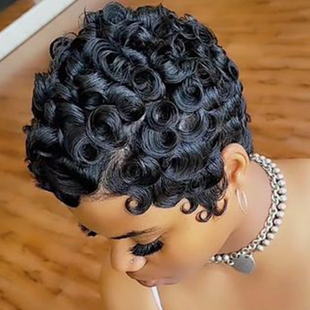 Pixie Cut Wigs for Black Women Synthetic Hair Afro Pixie Wig Black Color Short Wigs for Black Women Short Curly Wigs for Women (Natural Black)