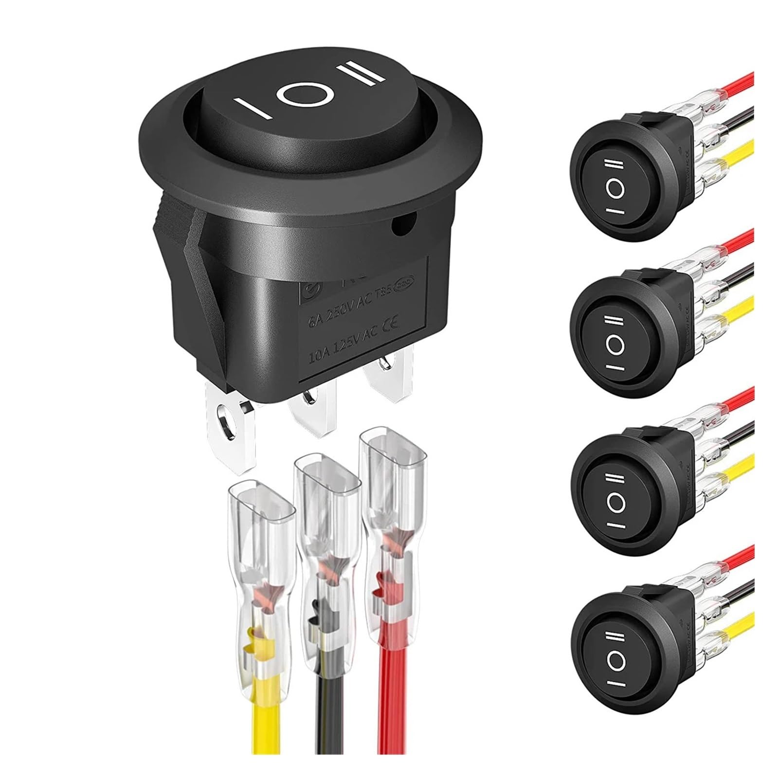 BUUV 5PCS Round KCD1 Rocker Switch 12V 3 Pin 3 Position ON Off ON 10A/125V DC SPDT Circle Toggle Switch with Wires for Auto