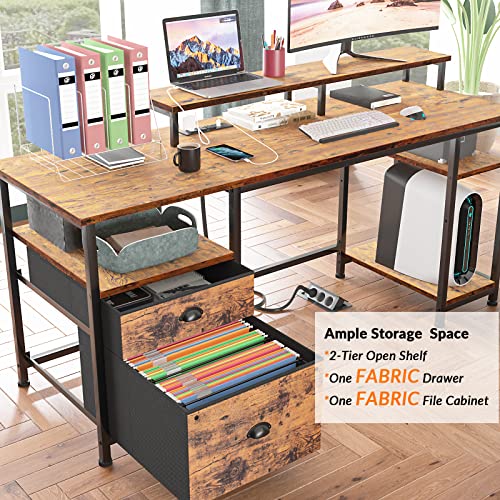Furologee 61" Computer Desk and Nightstands Set 2, Desk with Outlets and Drawers, End Table with Hooks and Shelves, Writing Study Desk for Home Office/Bedroom