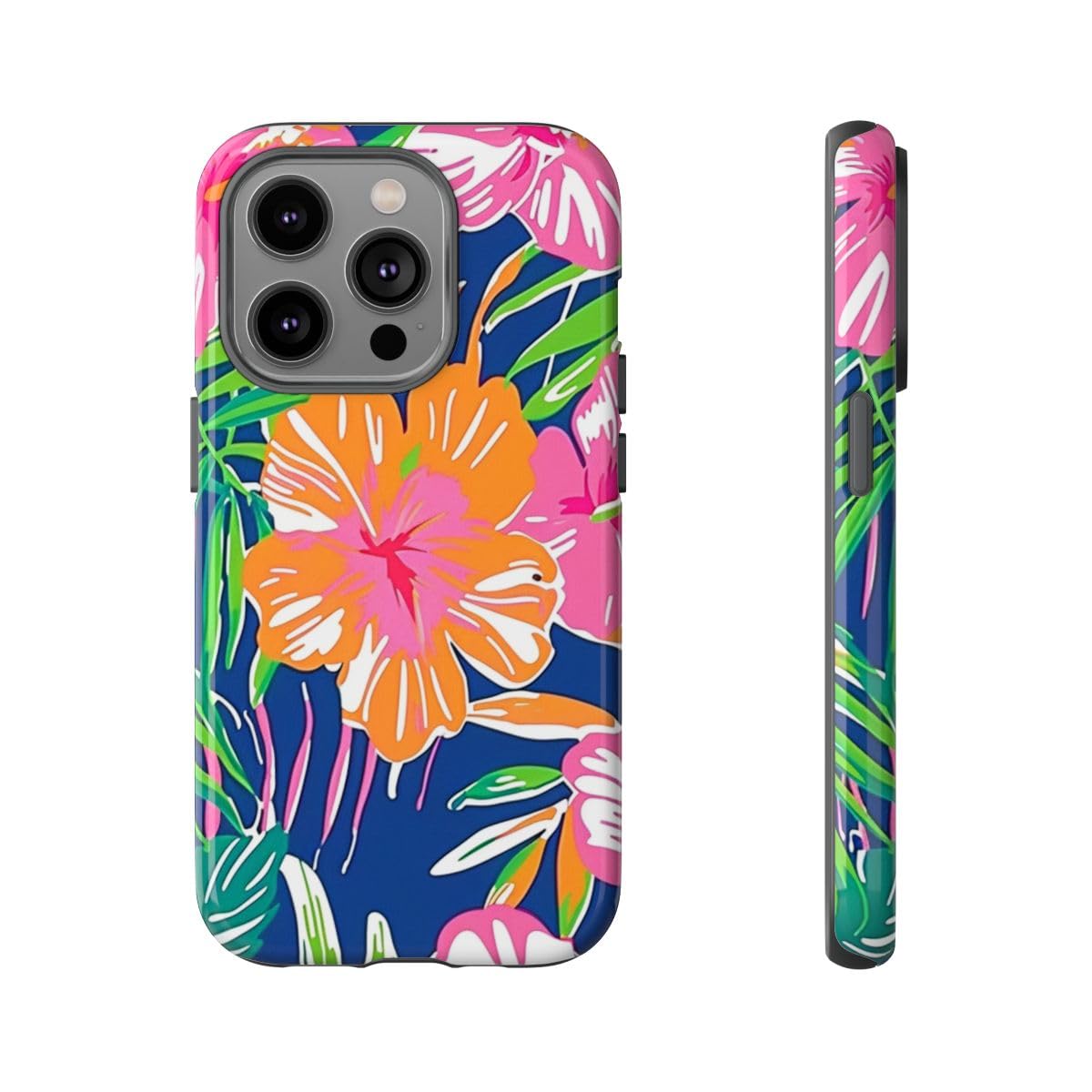 Coque rigide brillante iPhone 14 Pro motif floral tropical multicolore