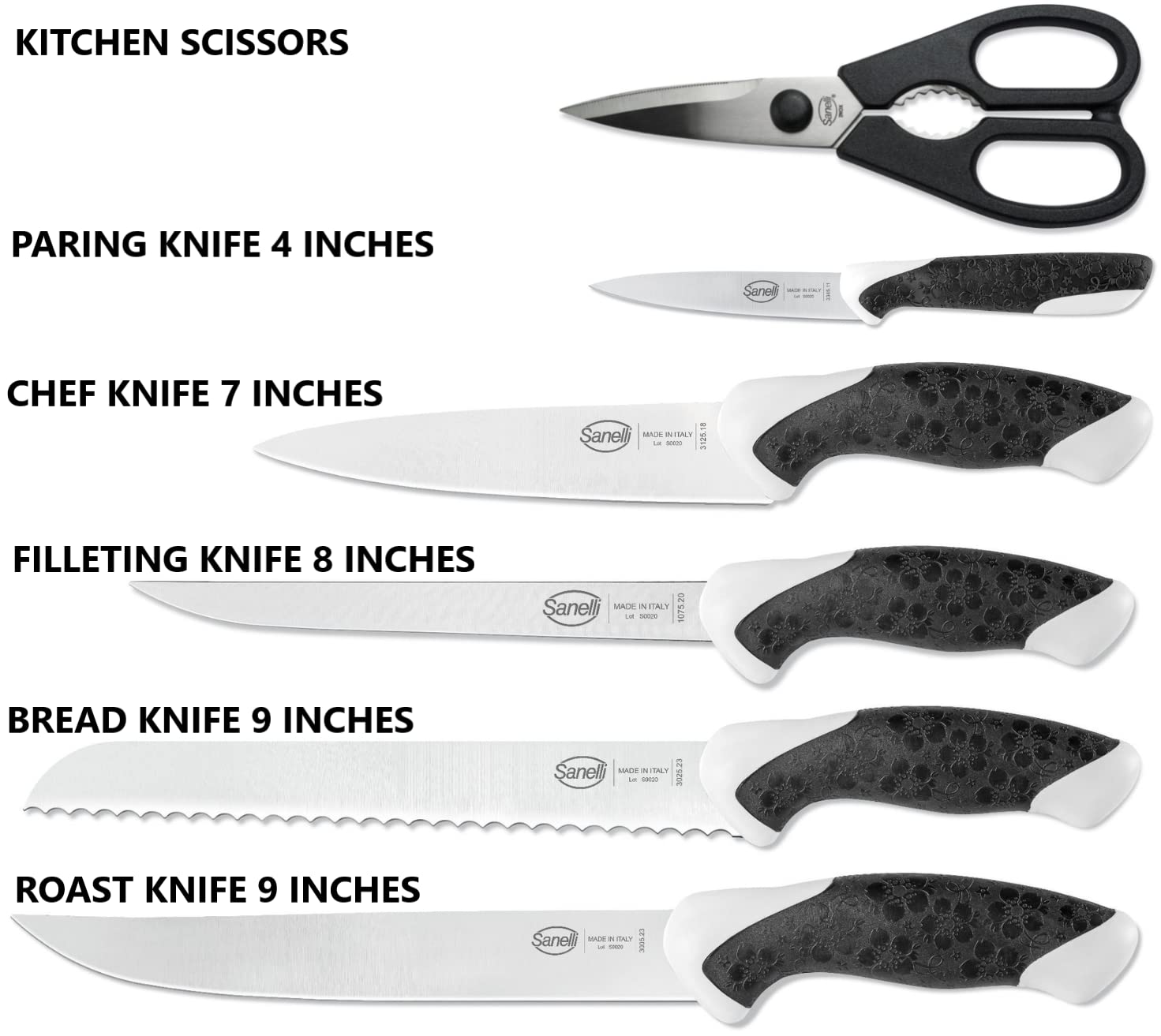 Ceppo Obliquo in Legno di Ciliegio 5 Coltelli 1 Forbice Sanelli Sakura Nero/Bianco