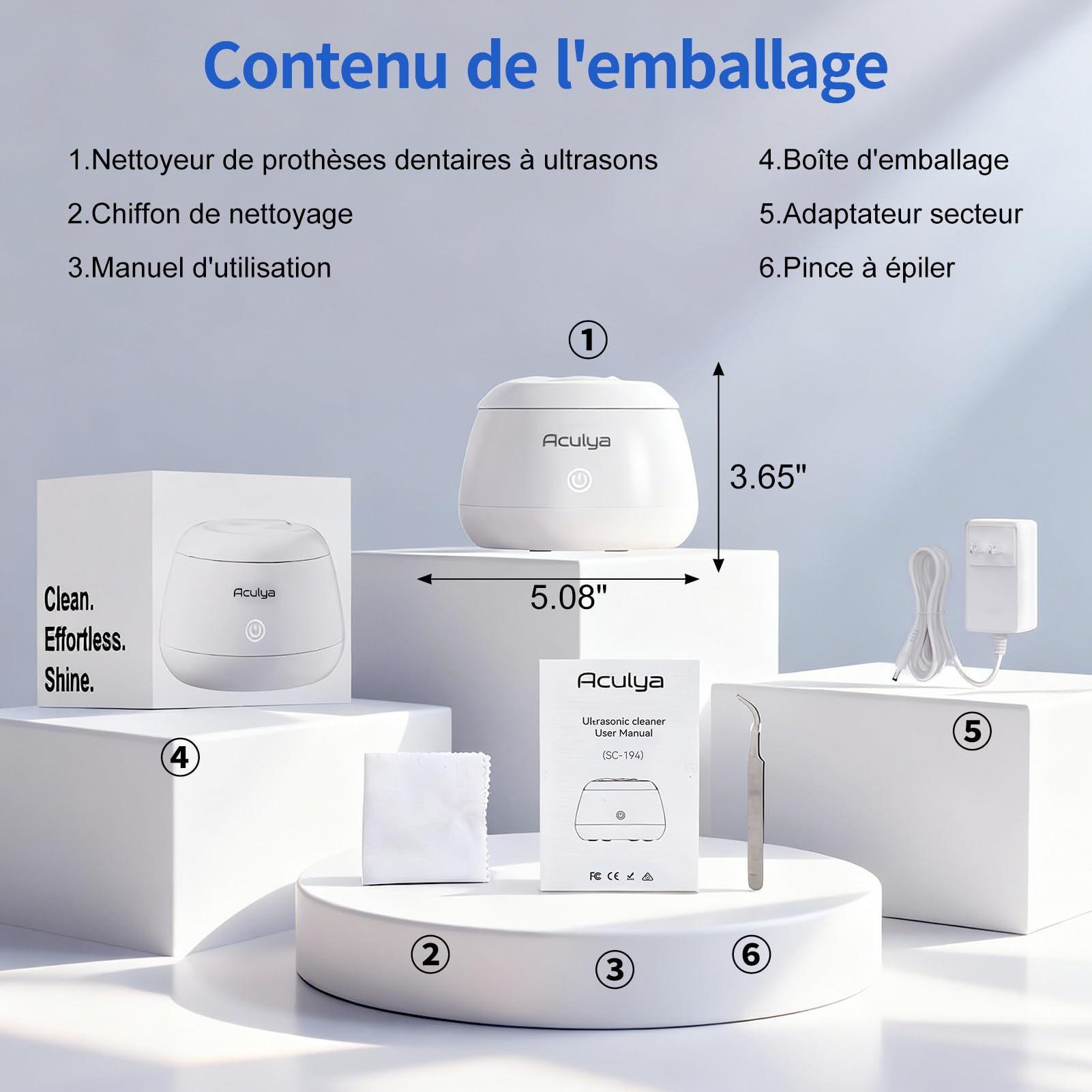 Nettoyeur Ultrasons, 48 kHz Dispositif de nettoyage par ultrasons pour bagues, aligneurs dentaires, appareils de contention, gouttières nocturnes et gouttières de blanchiment, 200ml
