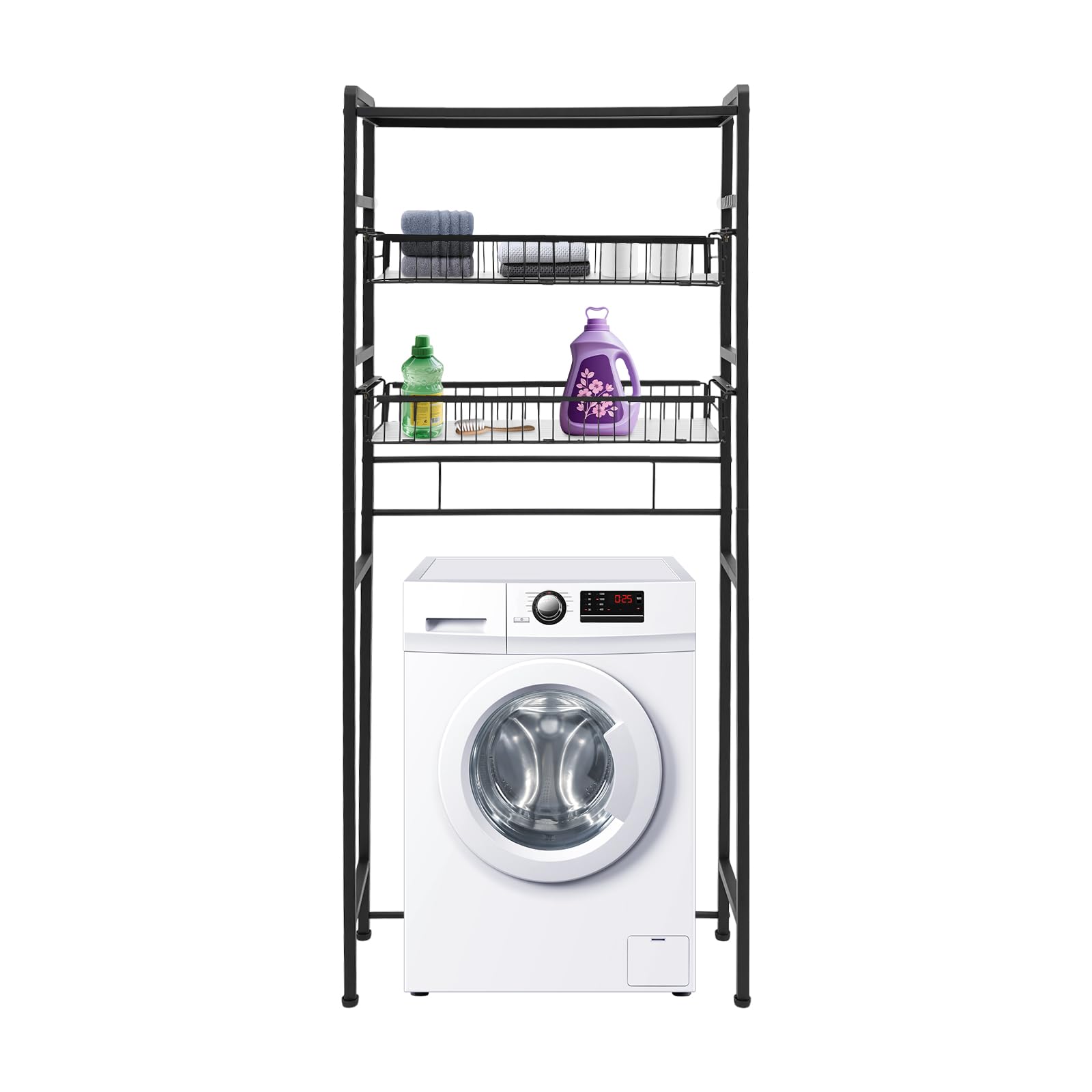 WOQLIBE Over Washer and Dryer Shelves, 3 Tier Laundry Room Drying Rack with Hanger Rod and Hooks Space Saver Clothes Drying Rack Metal Freestanding Clothes Organizer,27.76