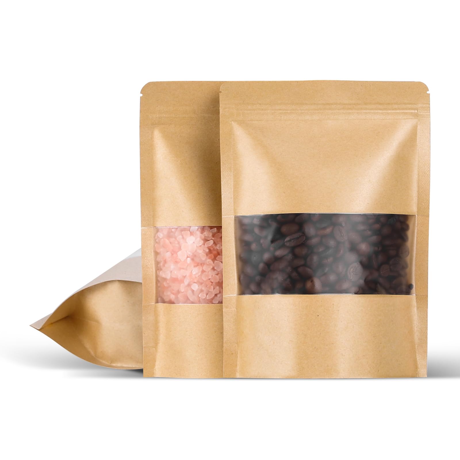 100 Pcs 5.5x8 Inch Kraft Paper Bags with Transparent Window, Stand Up Pouches,Smell Proof Bags,Resealable Bags for Small Business, Zipper Food Storage
