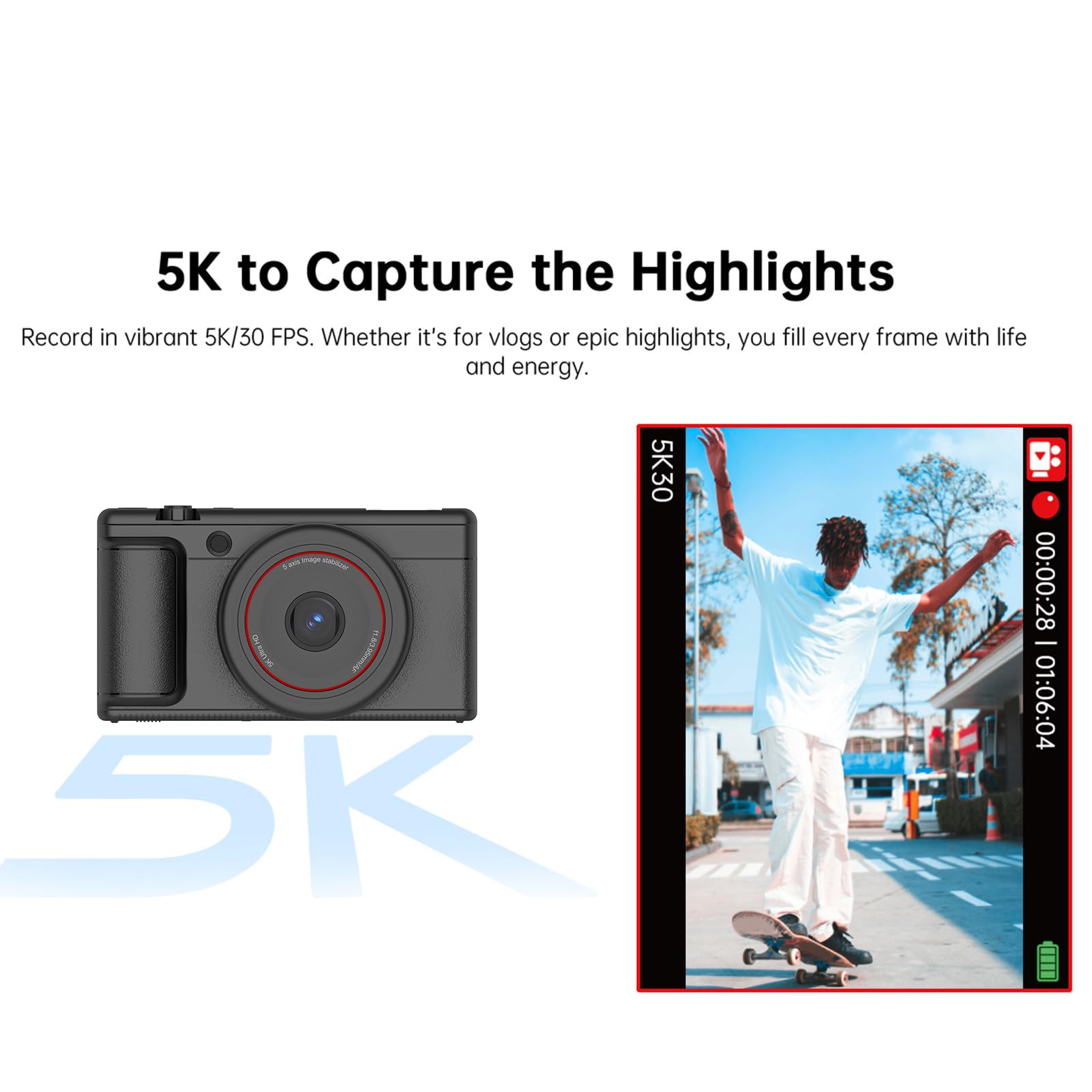 Bewinner Fotocamera Digitale 5k per Fotografia, Fotocamera Vlogging Portatile da 80 MP con Schermo di Lancio da 2,8 "180 °, Autofocus 16x Zoom Vlog da Viaggio per Principianti (BLACK)