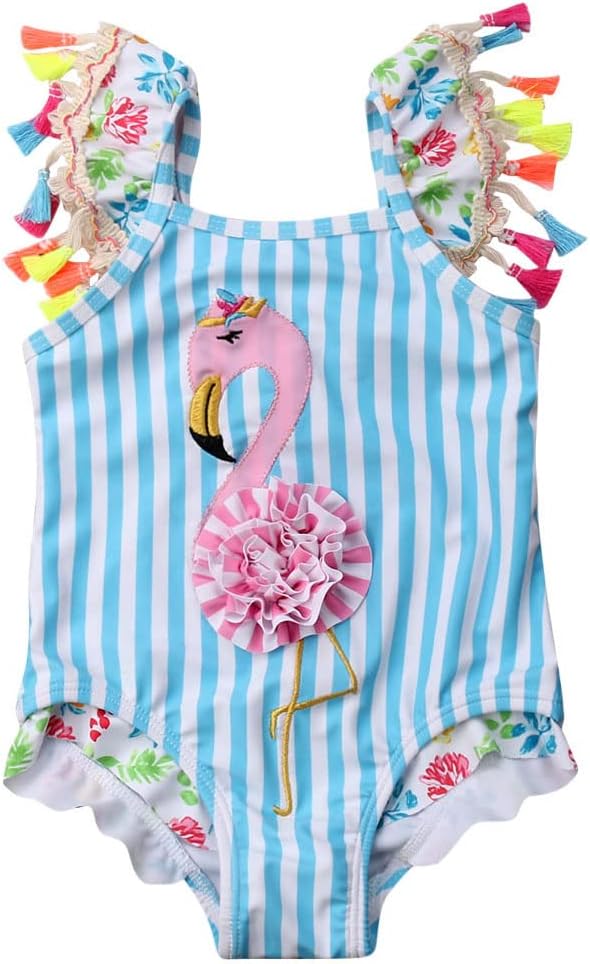 Kids Toddler Baby Girl One Piece Swimsuit Beach Wear Striped Flamingo Tassels Swimwear Bathing Suits 0-6T